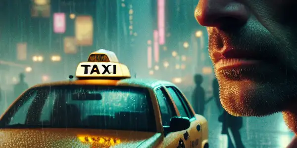 A weathered taxi driver ponders in a rain-soaked urban night, illuminated by neon lights and shadowy figures.