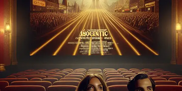 A vintage cinema scene featuring a couple in 1970s attire watching a classic adult film amidst plush decor.