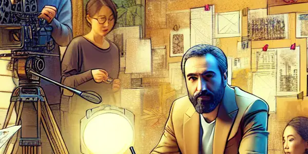 A modern film set blending traditional Japanese elements, featuring a director and actor in a creative brainstorming session.