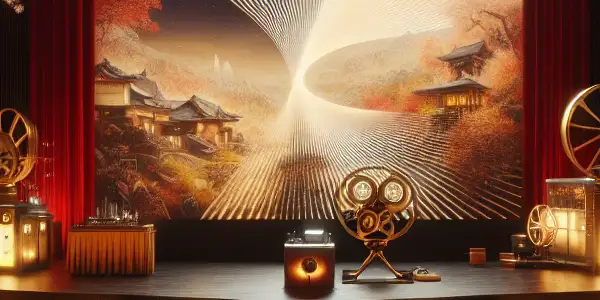 A luxurious cinema hall showcasing a film festival with abstract art, cherry blossoms, and vintage elements.