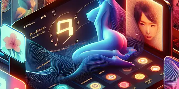 A sleek digital interface for an adult streaming service, surrounded by vibrant elements and symbols of privacy.