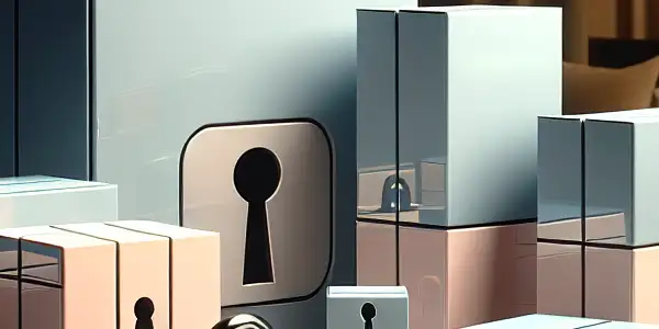 Elegant packaging for adult films, featuring discreet, minimalist boxes in soft colors on a modern table in a cozy room.