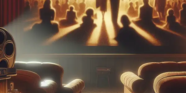 A nostalgic film set featuring a vintage projector, classic adult film imagery, and retro furnishings.