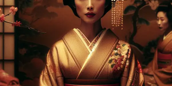 An elegant actress in a warm, intimate setting, surrounded by elements of Japanese culture and cinematic symbolism.