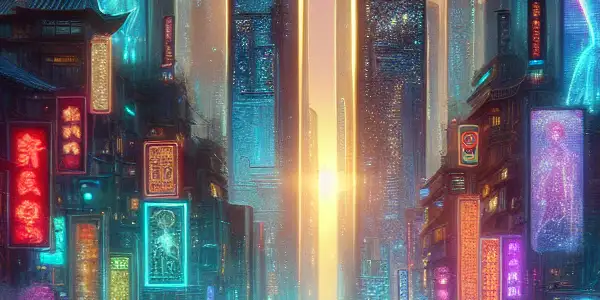 A neon-lit futuristic cityscape with a couple in an intimate interaction, blending technology and human emotion.