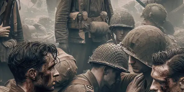 A group of World War II soldiers huddled together, sharing a moment of determination amidst a chaotic battlefield.