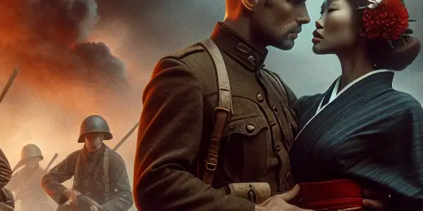 A soldier and a woman share a passionate moment amidst the chaos of a World War II battlefield.