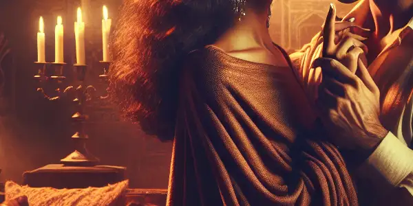 A passionate moment between two characters in a warm, intimate setting with soft lighting and rich colors.