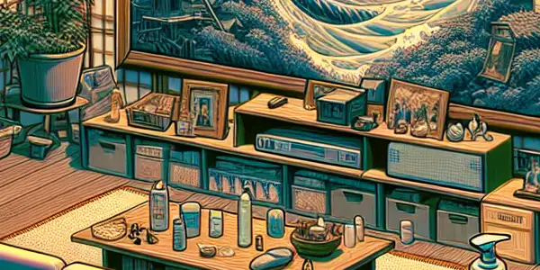 A cozy living room promoting hygiene and safety while enjoying Japanese adult films.