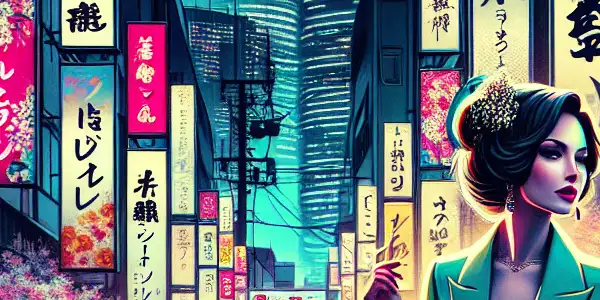 A vibrant Tokyo street at night showcasing a confident woman and neon signs representing Japanese adult film themes.