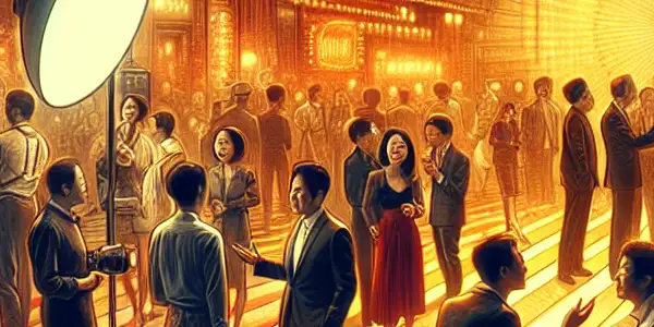 A vibrant Japanese film studio scene featuring actors discussing projects, surrounded by colorful posters and cinematic equipment.