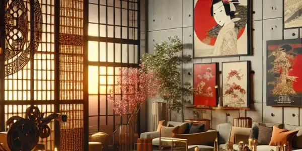 A sophisticated film studio for adult entertainment, featuring elegant decor, film reels, and a cozy viewing area.