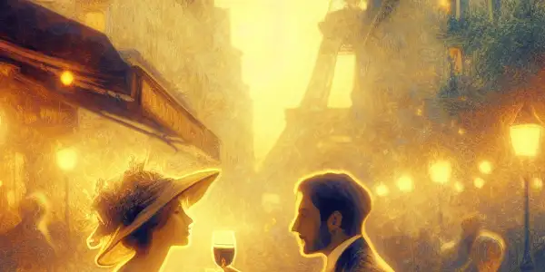 A romantic couple shares an intimate moment at a cozy Parisian café during twilight, surrounded by charming architecture.