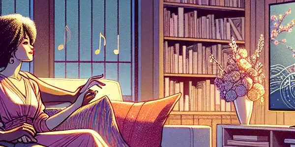 A cozy living room with a couple watching a movie, surrounded by Japanese decor and warm lighting.