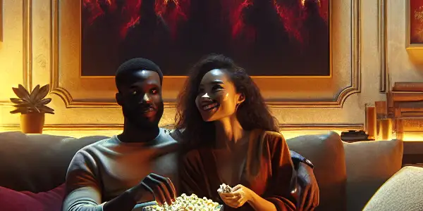 A cozy living room scene featuring a couple enjoying a romantic movie night with popcorn and laughter.