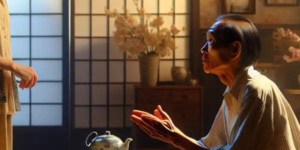 A cozy living room scene depicting a young woman and a middle-aged man sharing a moment of emotional tension.