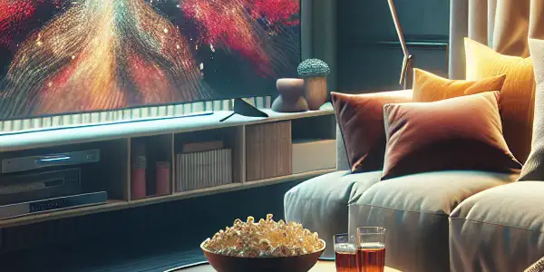 A cozy living room with a plush sofa, ambient lighting, and a large TV, suggesting a relaxed movie-watching atmosphere.
