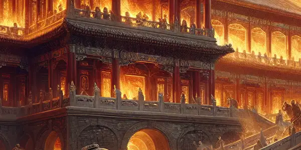 The burning Yuanmingyuan palace, surrounded by soldiers and horrified Qing officials, captures a moment of chaos and tragedy.