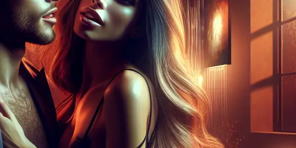 A young couple shares an intimate moment in a softly lit, romantic setting with elegant decor and a hint of nature.