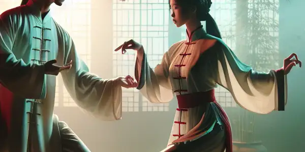A graceful Taiji duel between two characters in a softly lit dojo, blending martial arts with sensuality.